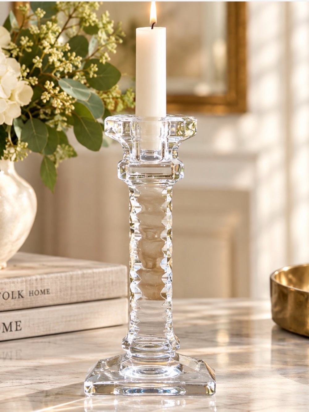 Clear Glass Faceted Pillar Candle Holder - Elegant Table Accent